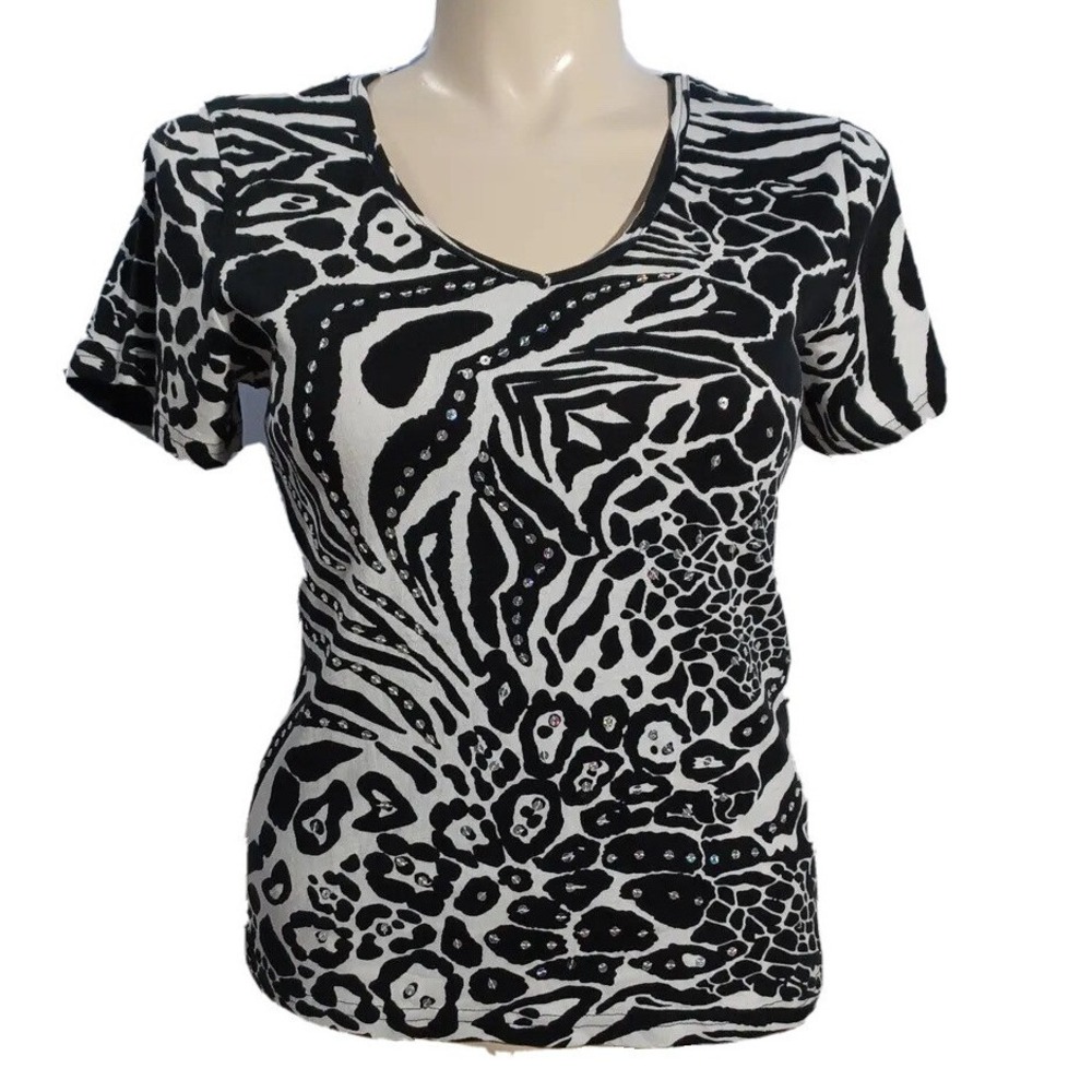 Take Two Clothing LARGE Top White Black Graphic Zebra Stripe Sequin‎ Embellish
